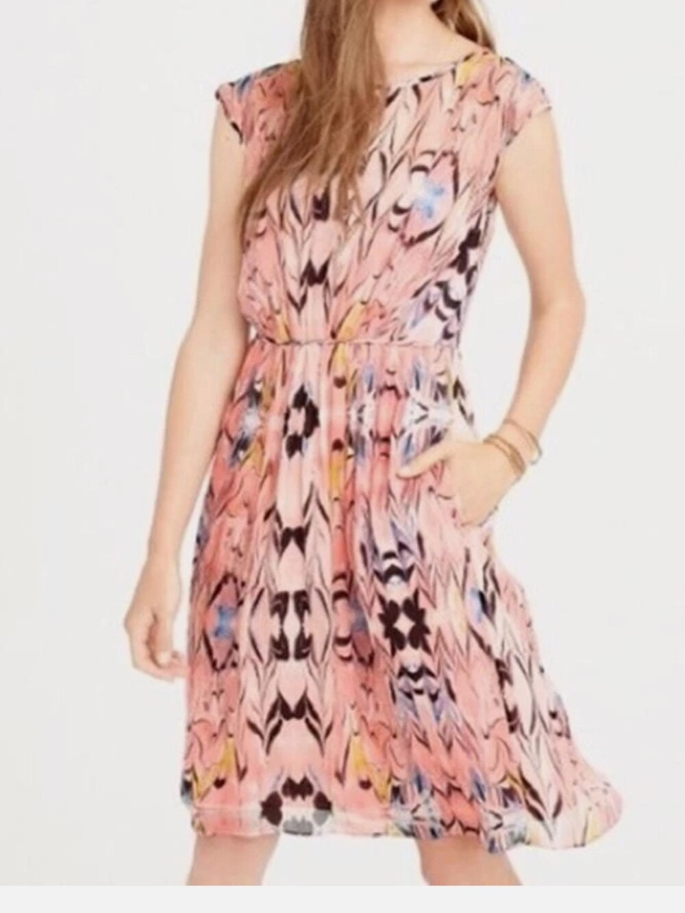 J.Crew Marbled Print Pink Silk Chiffon Dress E0709